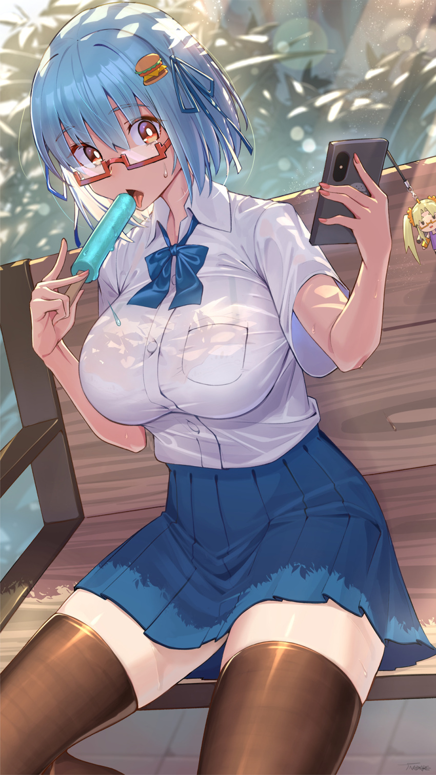 1girl bangs bench blue_neckwear borrowed_character bow bowtie bra bra_peek breasts brown_legwear burger cellphone eyebrows_visible_through_hair food glasses hamburger-chan_(hundredburger) highres large_breasts licking light_blue_hair nadare-san_(nadare3nwm) original park_bench phone pleated_skirt popsicle see-through semi-rimless_eyewear short_hair skirt smartphone solo sweat thigh-highs underwear