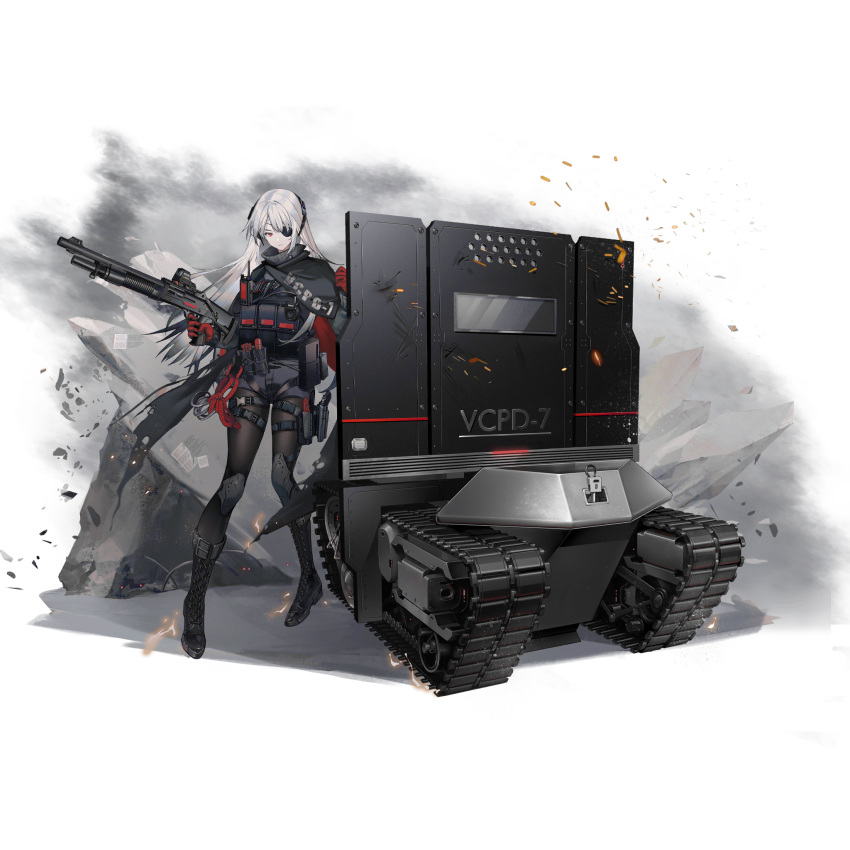 1girl black_shorts boots cape evelyn_(girls_frontline_nc) eyepatch full_body girls_frontline girls_frontline_neural_cloud gloves gun headgear highres holding holding_gun holding_weapon holster holstered_weapon knee_pads long_hair looking_at_viewer official_art pantyhose red_eyes red_gloves riot_shield robotic_ballistic_shield rope shield shorts shotgun silver_hair solo tactical_clothes transparent_background weapon