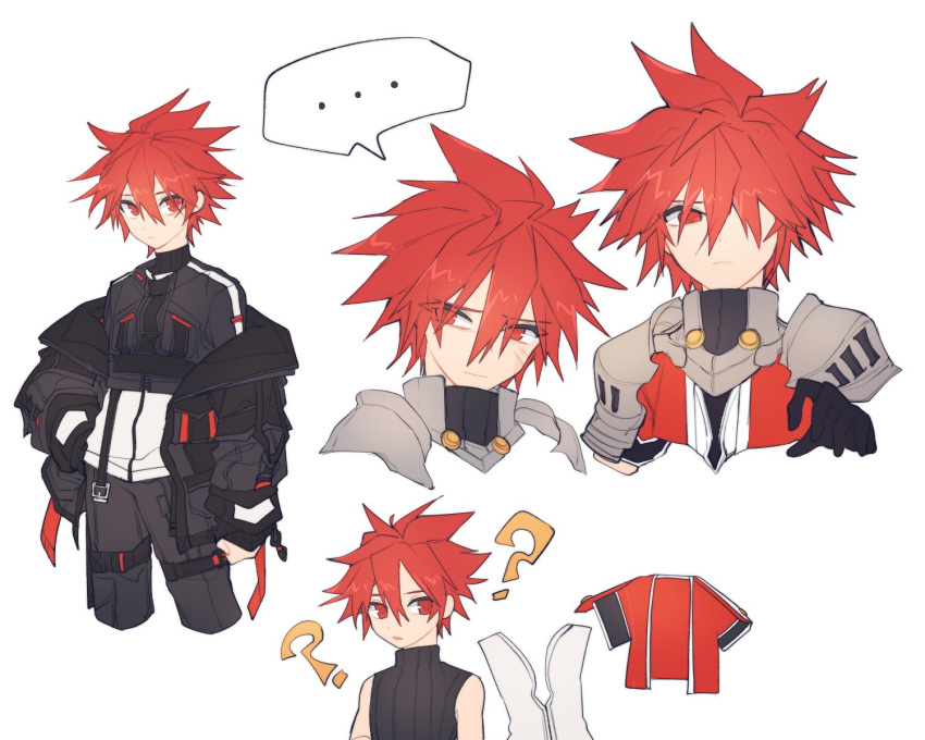 ... 1boy ? armor black_gloves black_jacket black_pants black_shirt elsword elsword_(character) gloves hand_in_pocket highres jacket jacket_removed kajiimai korean_commentary long_sleeves looking_to_the_side male_focus off-shoulder_jacket off_shoulder pants pauldrons puffy_long_sleeves puffy_sleeves red_eyes red_jacket redhead shirt shoulder_armor simple_background speech_bubble spiky_hair spoken_ellipsis thigh_strap white_background