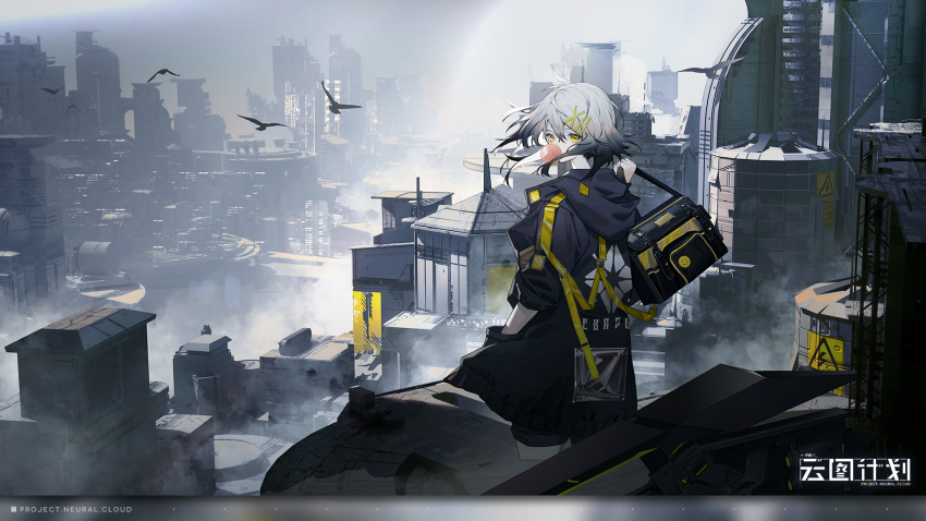1girl bag bird black_hair black_jacket bubble_blowing building chewing_gum city cityscape copyright_name croque_(girls_frontline_nc) error from_behind girls_frontline girls_frontline_neural_cloud gradient_hair grey_hair hair_ornament hairclip hand_in_pocket highres holding holding_bag hood hood_down hooded_jacket jacket looking_at_viewer looking_back medium_hair multicolored_hair official_art outdoors smog solo yellow_eyes
