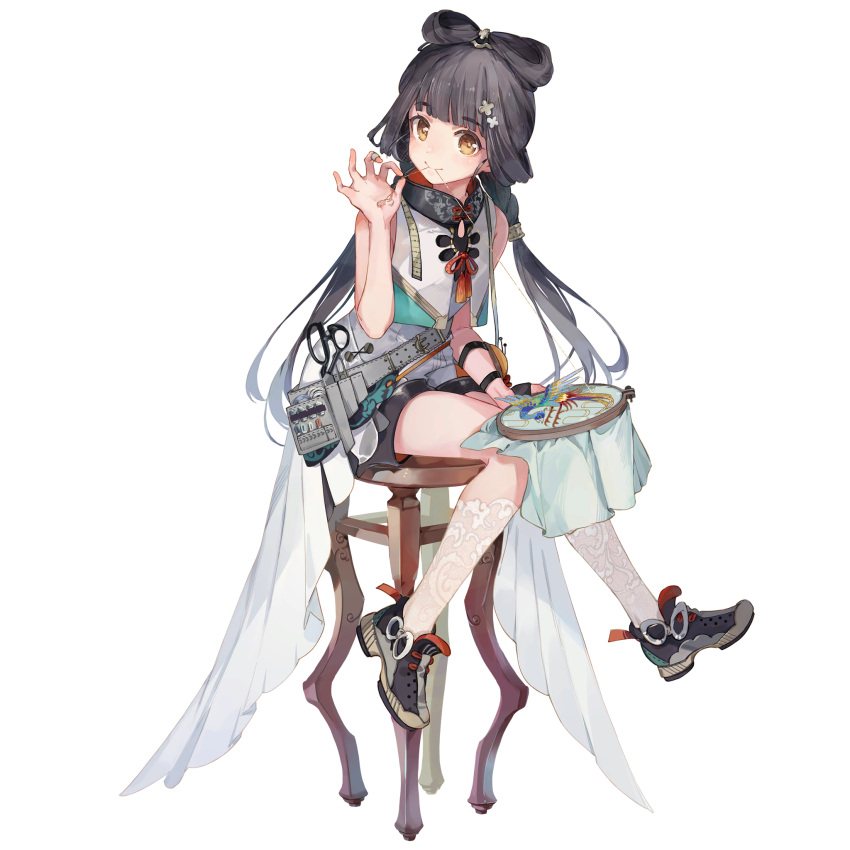1girl bangs black_hair blunt_bangs dress eyebrows_visible_through_hair full_body girls_frontline girls_frontline_neural_cloud hair_ornament highres holding lace lace_legwear long_hair looking_at_viewer mouth_hold needlepoint official_art qbu-88_(girls_frontline) scissors sewing shoes shorts shuzi sitting smile sneakers solo stool tape_measure thread transparent_background twintails white_dress white_legwear yellow_eyes