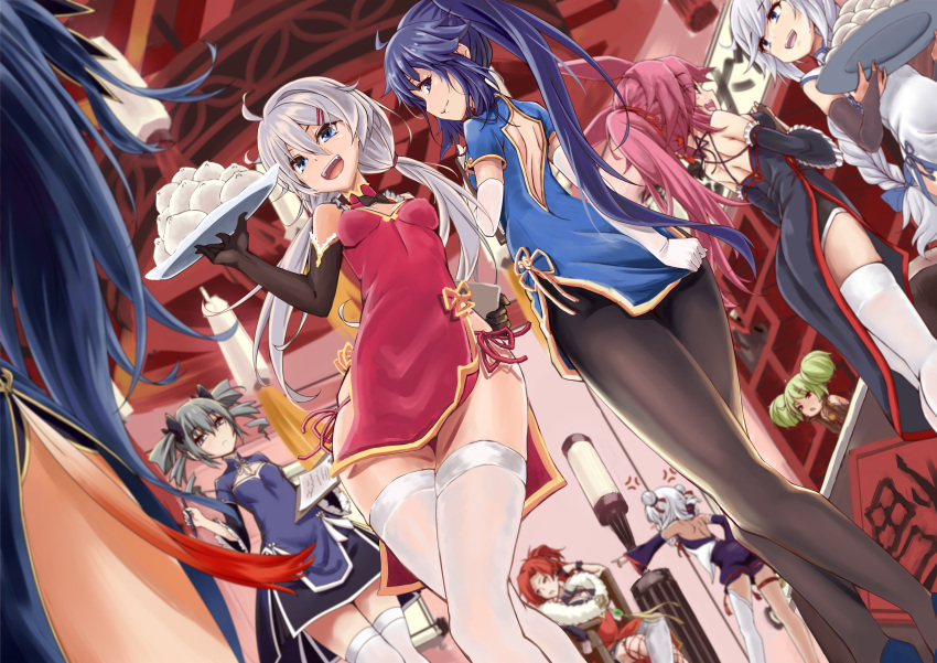 6+girls absurdres ai-chan_(honkai_impact) anger_vein angry antenna_hair back baozi bare_shoulders black_dress black_eyes black_hair blue_dress blue_eyes bronya_zaychik brown_gloves brown_legwear china_dress chinese_clothes chinese_new_year clipboard closed_mouth double_bun dress drill_hair elbow_gloves fingerless_gloves food fu_hua gloves green_hair grey_dress grey_eyes grey_hair hair_ornament hairpin highres holding holding_brush holding_clipboard holding_tray honkai_(series) honkai_impact_3rd husun_wei indoors kallen_kaslana kiana_kaslana lamp leggings long_hair looking_at_another looking_back multiple_girls murata_himeko murata_himeko_(vermillion_knight) open_mouth pink_dress pink_hair pointing ponytail raiden_mei redhead short_sleeves single_thighhigh sleeveless theresa_apocalypse theresa_apocalypse_(valkyrie_pledge) thigh-highs tray twin_drills twintails white_dress white_hair white_legwear yae_sakura