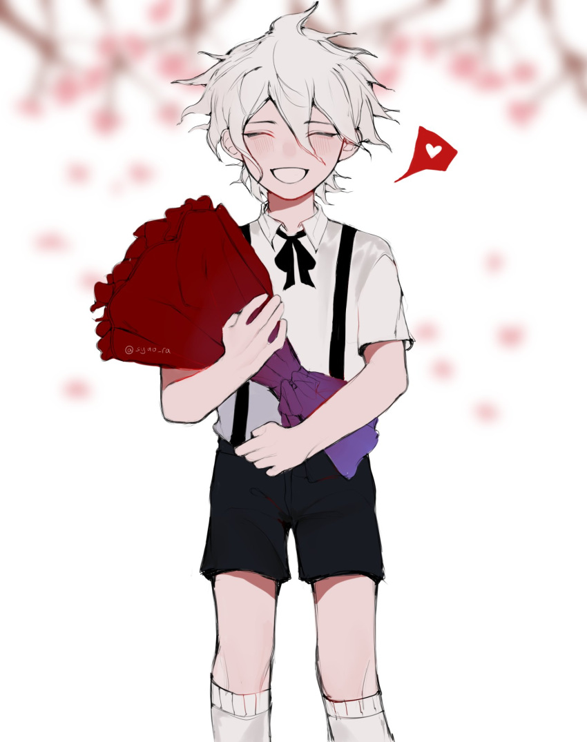1boy ara_(syao_ra) bangs black_ribbon black_shorts blurry blurry_background blush bouquet closed_eyes collared_shirt commentary dangan_ronpa_(series) dangan_ronpa_2:_goodbye_despair english_commentary feet_out_of_frame flower grey_hair grey_shirt hair_between_eyes heart highres holding holding_bouquet holding_flower kneehighs komaeda_nagito male_focus neck_ribbon open_mouth ribbon shirt shirt_tucked_in short_sleeves shorts smile solo spoken_heart suspender_shorts suspenders twitter_username white_hair white_legwear younger