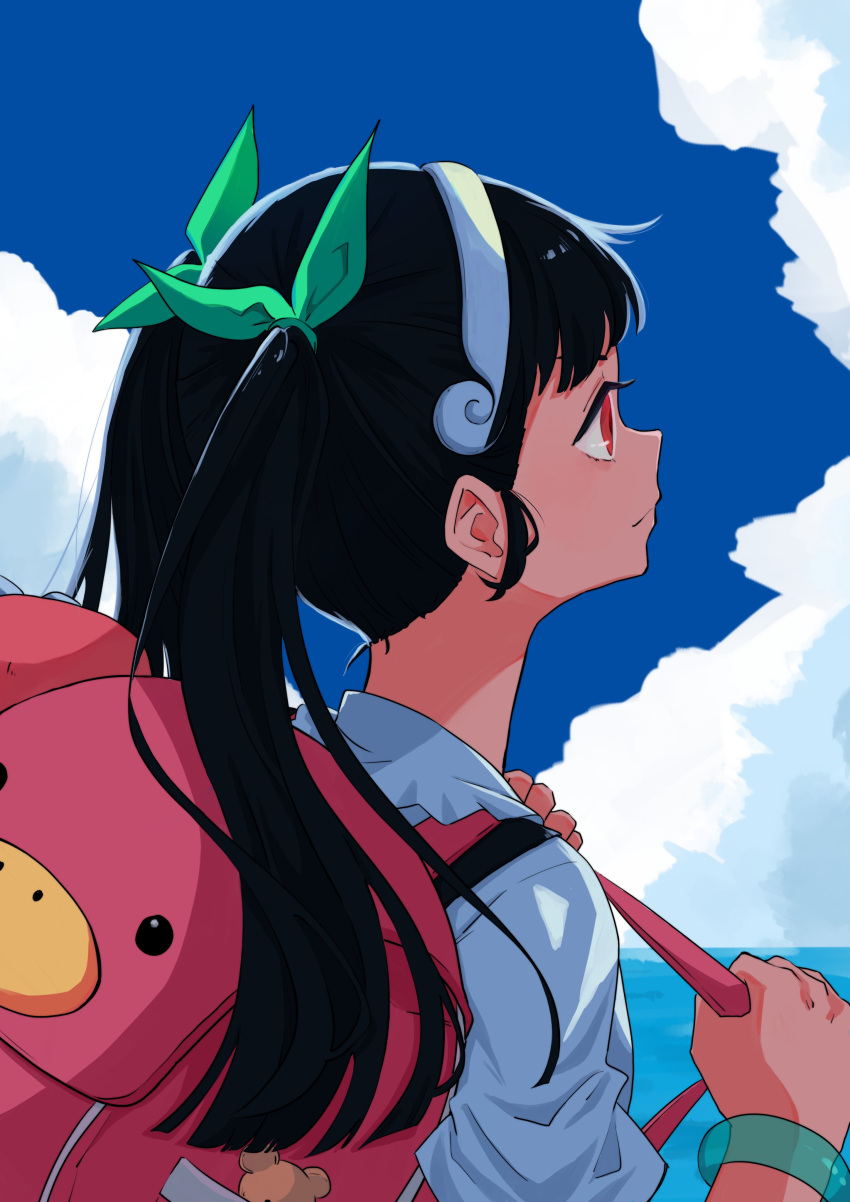 1girl absurdres adjusting_strap backpack bag bangs black_hair blue_sky bracelet closed_mouth clouds commentary dress_shirt eyelashes from_side green_bracelet green_ribbon hachikuji_mayoi hair_ribbon hair_strand headband highres jewelry liiii_ann long_hair looking_ahead monogatari_(series) red_eyes ribbon shirt sky solo stuffed_animal stuffed_toy teddy_bear twintails upper_body white_headband white_shirt