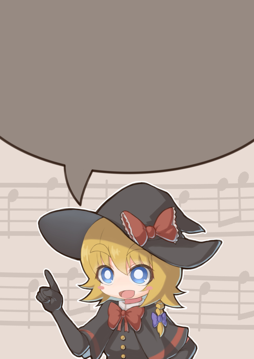 1girl absurdres bangs black_capelet black_gloves black_headwear black_vest blank_speech_bubble blonde_hair blue_eyes blush bow bowtie braid bright_pupils buttons capelet commentary_request cookie_(touhou) elbow_gloves eyebrows_visible_through_hair gloves hair_between_eyes hat hat_bow highres kirisame_marisa kitsune_kemono medium_hair meguru_(cookie) musical_note open_mouth purple_bow red_bow red_neckwear shirt side_braid single_braid solo speech_bubble staff_(music) touhou upper_body vest white_pupils white_shirt witch_hat
