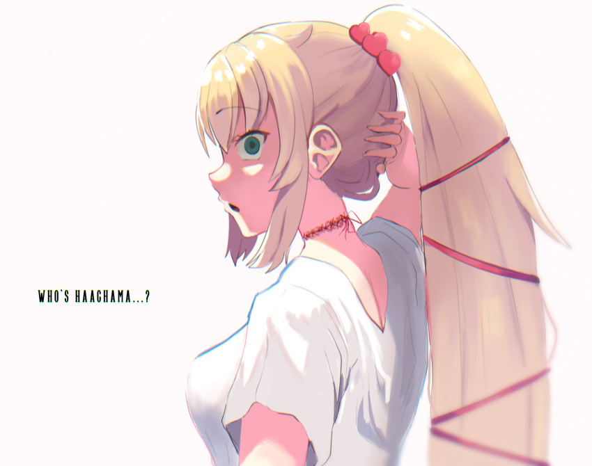 1girl akai_haato aqua_eyes bangs blonde_hair commentary empty_eyes english_text eyebrows_visible_through_hair foxxarius hair_ornament hair_ribbon heart heart_hair_ornament highres hololive looking_at_viewer open_mouth ponytail ribbon shirt simple_background solo stitched_neck virtual_youtuber white_background white_shirt