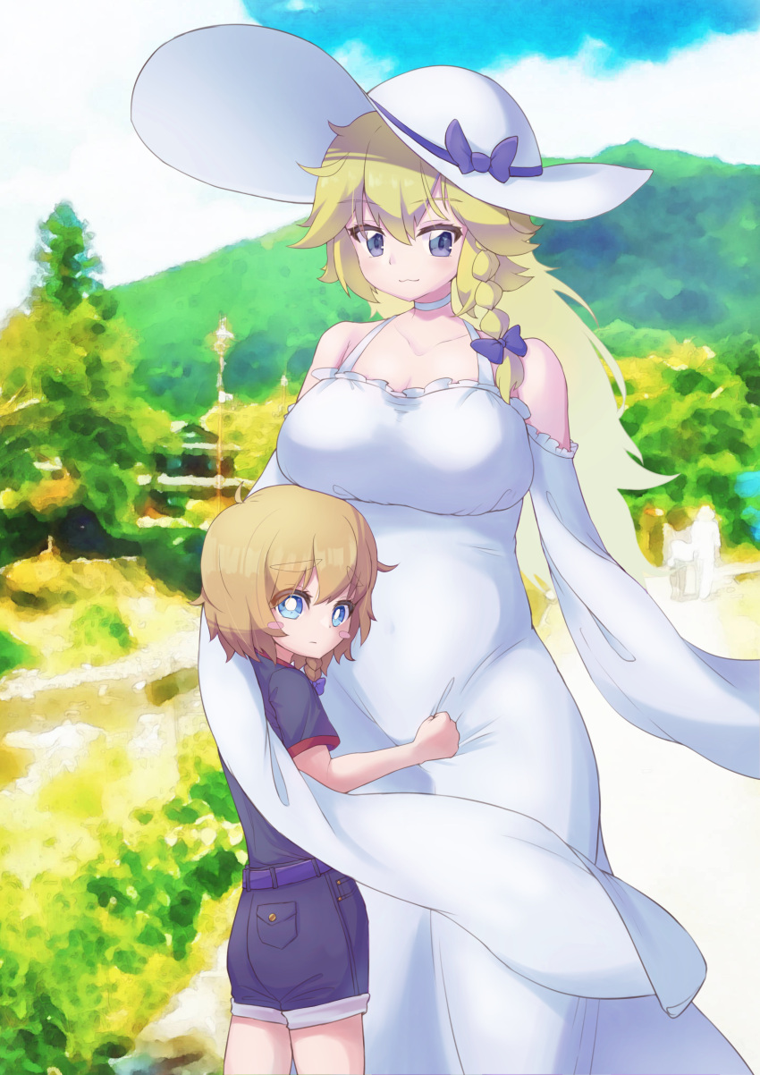 2girls absurdres alternate_costume bangs black_eyes black_shirt black_shorts blue_eyes blurry blurry_background blush_stickers bow braid breasts bright_pupils closed_mouth clouds commentary_request cookie_(touhou) day detached_sleeves dress eyebrows_visible_through_hair feet_out_of_frame hair_between_eyes hair_bow hat hat_bow highres kirisame_marisa kitsune_kemono large_breasts long_hair looking_at_viewer medium_hair meguru_(cookie) mountain multiple_girls outdoors purple_bow shirt shorts side_braid single_braid sleeveless sleeveless_dress sleeves_past_wrists smile sun_hat touhou tree white_dress white_headwear white_pupils white_sleeves yuuhi_(cookie)