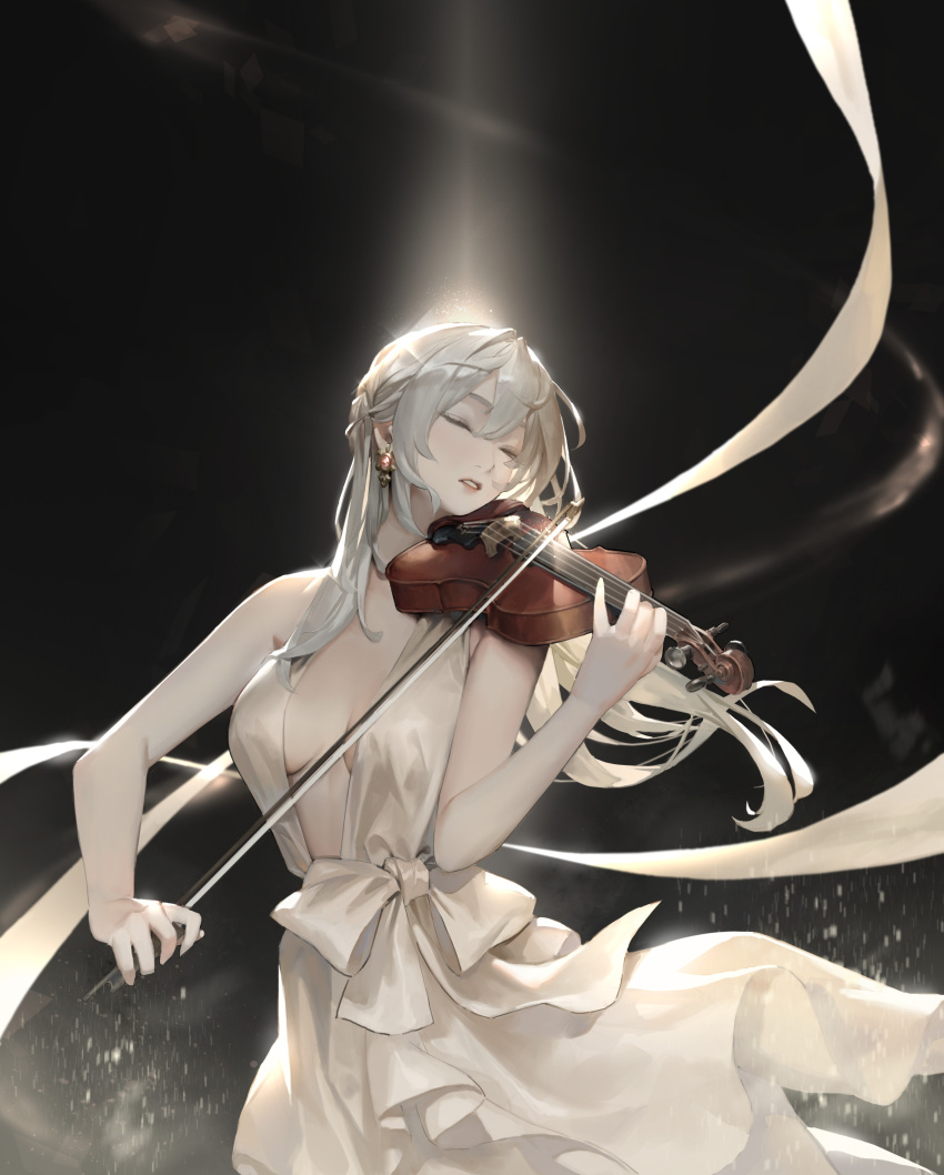1girl absurdres bare_arms black_background bow_(instrument) breasts closed_eyes commentary dress earrings english_commentary highres holding holding_instrument instrument jewelry jung_wonjo light_particles long_hair medium_breasts music original parted_lips playing_instrument ribbon solo teeth upper_body violin white_dress white_hair white_ribbon