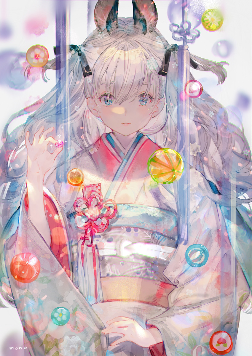 1girl absurdres animal_ears balloon bow_hairband hairband highres huge_filesize japanese_clothes kimono long_hair mono_(monoia14) original solo_focus