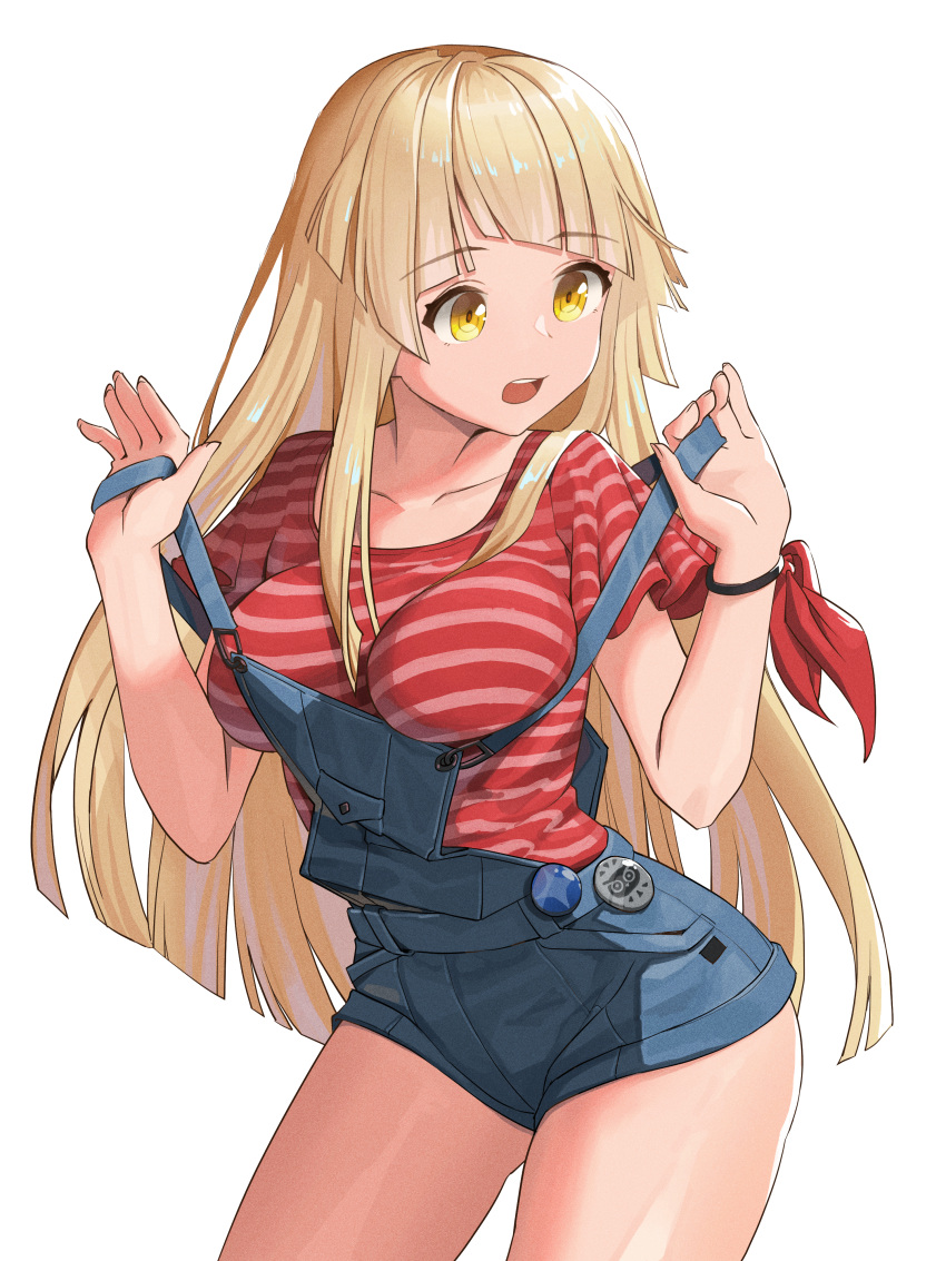 1girl 33zuku :o absurdres badge bang_dream! bangs bare_legs blonde_hair breasts cowboy_shot denim diagonal_bangs eyebrows_visible_through_hair highres huge_filesize leaning_forward lifted_by_self long_hair looking_to_the_side medium_breasts open_mouth overall_shorts overalls pulled_by_self red_shirt shirt short_sleeves sidelocks simple_background solo standing strap_lift strap_pull striped striped_shirt t-shirt thighs tsurumaki_kokoro upper_teeth very_long_hair white_background wristband yellow_eyes