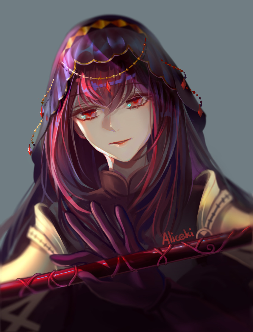 1girl absurdres alice_ki fate/grand_order fate_(series) gae_bolg_(fate) highres hood purple_hair red_eyes scathach_(fate) scathach_(fate)_(all) signature