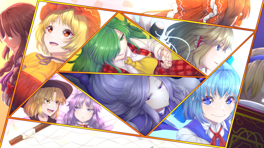 6+girls :&lt; aki_minoriko alice_margatroid alice_margatroid_(pc-98) angel_wings apron aqua_eyes bangs black_headwear black_ribbon blonde_hair blue_bow blue_eyes blue_hair blue_hairband blue_vest book bow braid brown_hair choker cirno closed_mouth collared_shirt colored_eyelashes commentary_request dark dress expressionless eyebrows_visible_through_hair faceless faceless_female fingernails frilled_hairband frills from_behind from_side gohei green_eyes grimoire_of_alice hair_over_one_eye hair_tubes hairband hakurei_reimu half-closed_eyes happy hat hat_ribbon highres jewelry kazami_yuuka kazami_yuuka_(pc-98) light light_blue_hair light_smile long_hair long_sleeves looking_afar looking_at_another looking_to_the_side looking_up loose_neck_ribbon mai_(touhou) mob_cap multiple_girls neck_ribbon necktie open_book open_clothes open_mouth open_vest orange_eyes orange_headwear pants plaid plaid_pants plaid_vest profile puppet_rings puppet_strings purple_hair purple_necktie red_apron red_hairband red_pants red_ribbon red_vest ribbon ribbon_choker rika_(touhou) ring rurushia sariel_(touhou) sharp_fingernails shiny shiny_hair shirt short_hair sidelighting sidelocks silver_hair smirk tabard talking touhou touhou_(pc-98) triangle_mouth twin_braids upper_body vest violet_eyes white_dress white_ribbon white_shirt white_wings wings yellow_dress yellow_eyes yellow_neckwear yuki_(touhou)