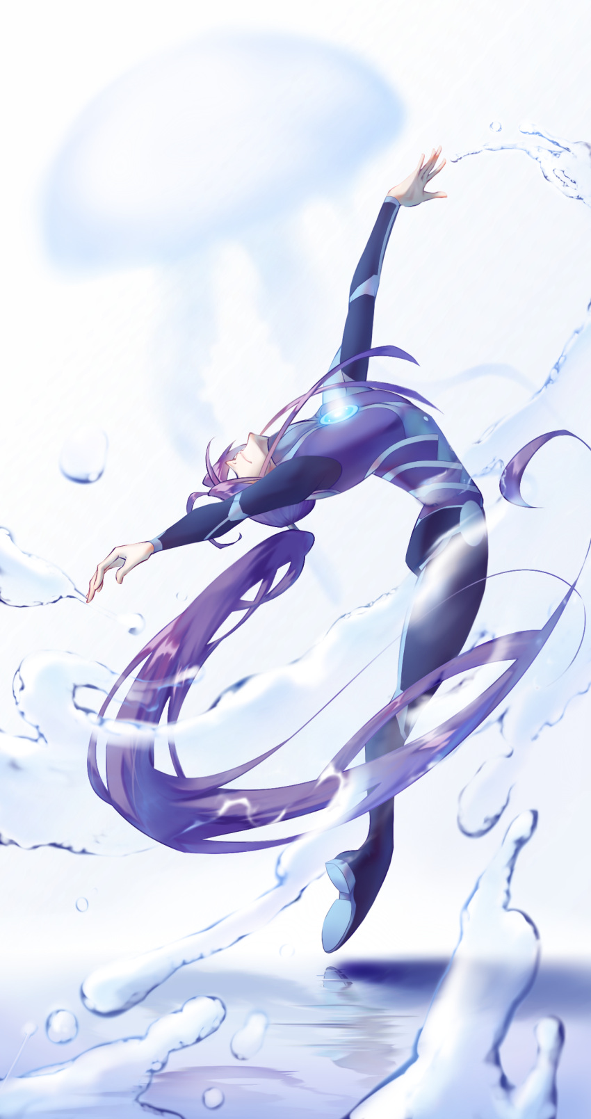 1boy absurdres bending_backward blurry blurry_background bodysuit buzhengjing_zhi_bi closed_eyes commentary flexible floating full_body glowing highres jellyfish kamui_gakupo long_hair male_focus outstretched_arms ponytail purple_bodysuit purple_hair reflection shadow solo splashing very_long_hair vocaloid water_drop white_background