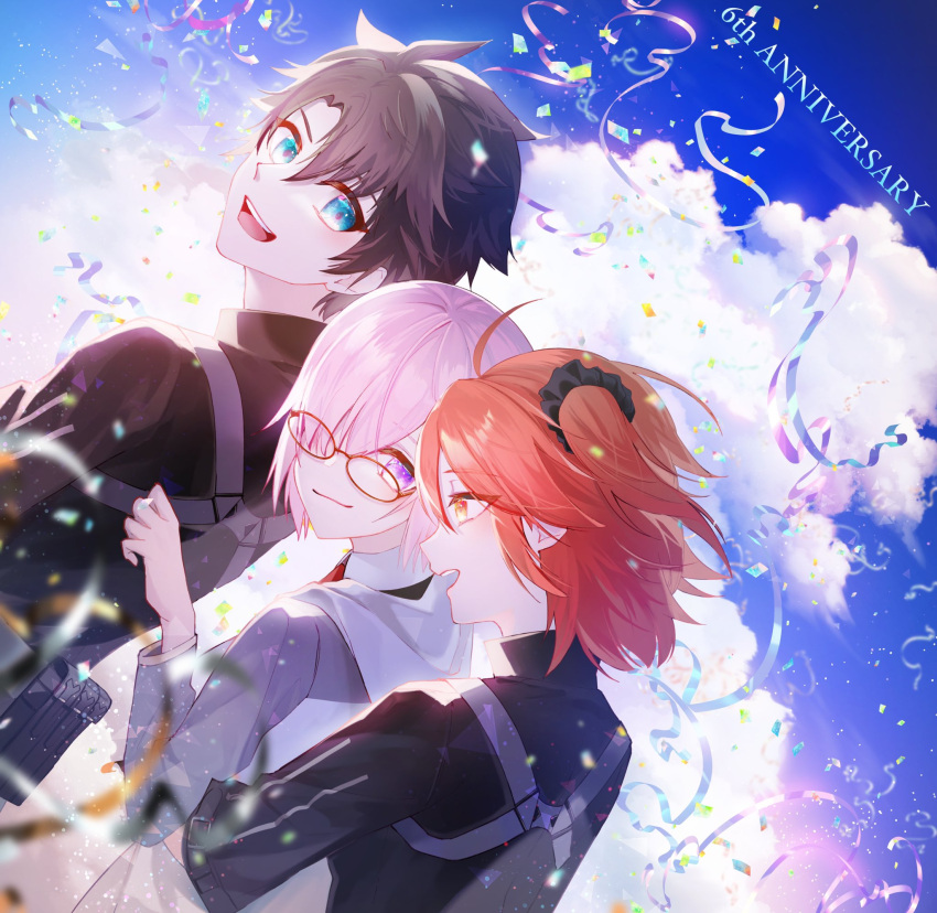 1boy 2girls ahoge anniversary artist_request bangs black_hair black_scrunchie black_shirt blue_eyes blue_sky closed_mouth clouds collared_shirt commentary_request confetti day english_text eyebrows_visible_through_hair fate/grand_order fate_(series) fujimaru_ritsuka_(female) fujimaru_ritsuka_(male) glasses grey_jacket hair_between_eyes hair_ornament hair_over_one_eye hair_scrunchie hand_on_another's_back highres hood hood_down hooded_jacket hug hug_from_behind jacket long_sleeves looking_at_another mash_kyrielight multiple_girls necktie one_eye_covered open_clothes open_jacket open_mouth orange_eyes orange_hair outdoors pink_hair polar_chaldea_uniform ponytail red_neckwear scrunchie shirt short_hair short_sleeves side_ponytail sky smile uniform upper_body upper_teeth violet_eyes