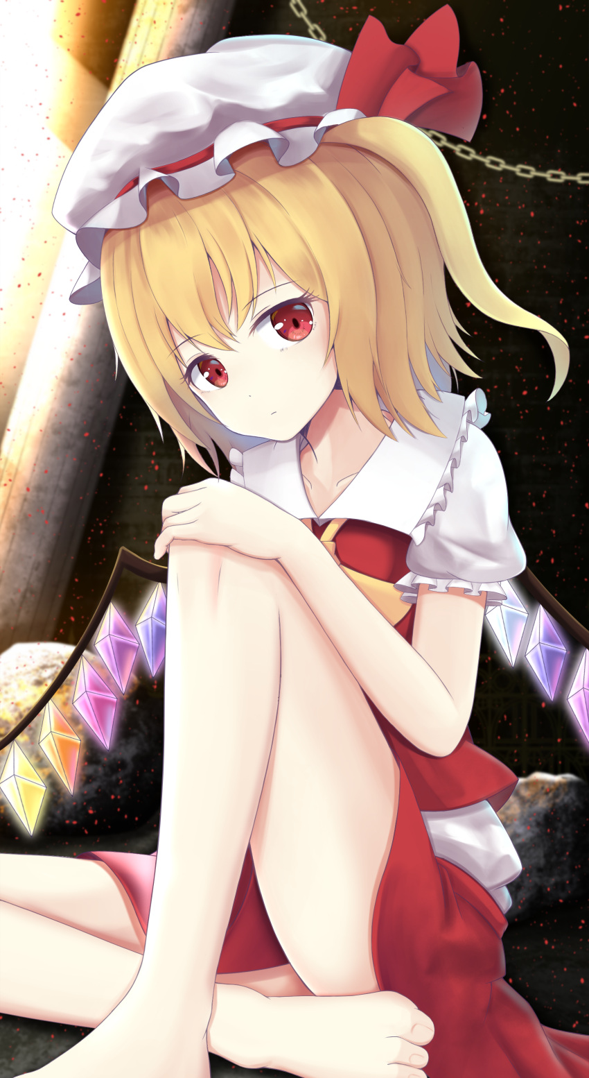 1girl absurdres bangs barefoot blonde_hair chain closed_mouth collar commentary_request crystal eyebrows_visible_through_hair flandre_scarlet frills gold_chain hair_between_eyes hand_on_own_knee hat hat_ribbon highres holding jewelry light looking_at_viewer mob_cap multicolored multicolored_wings ponytail puffy_short_sleeves puffy_sleeves red_eyes red_ribbon red_skirt red_vest ribbon rock shadow shirt short_hair short_sleeves sitting skirt solo str11x touhou vest wall white_headwear white_shirt wings yellow_neckwear