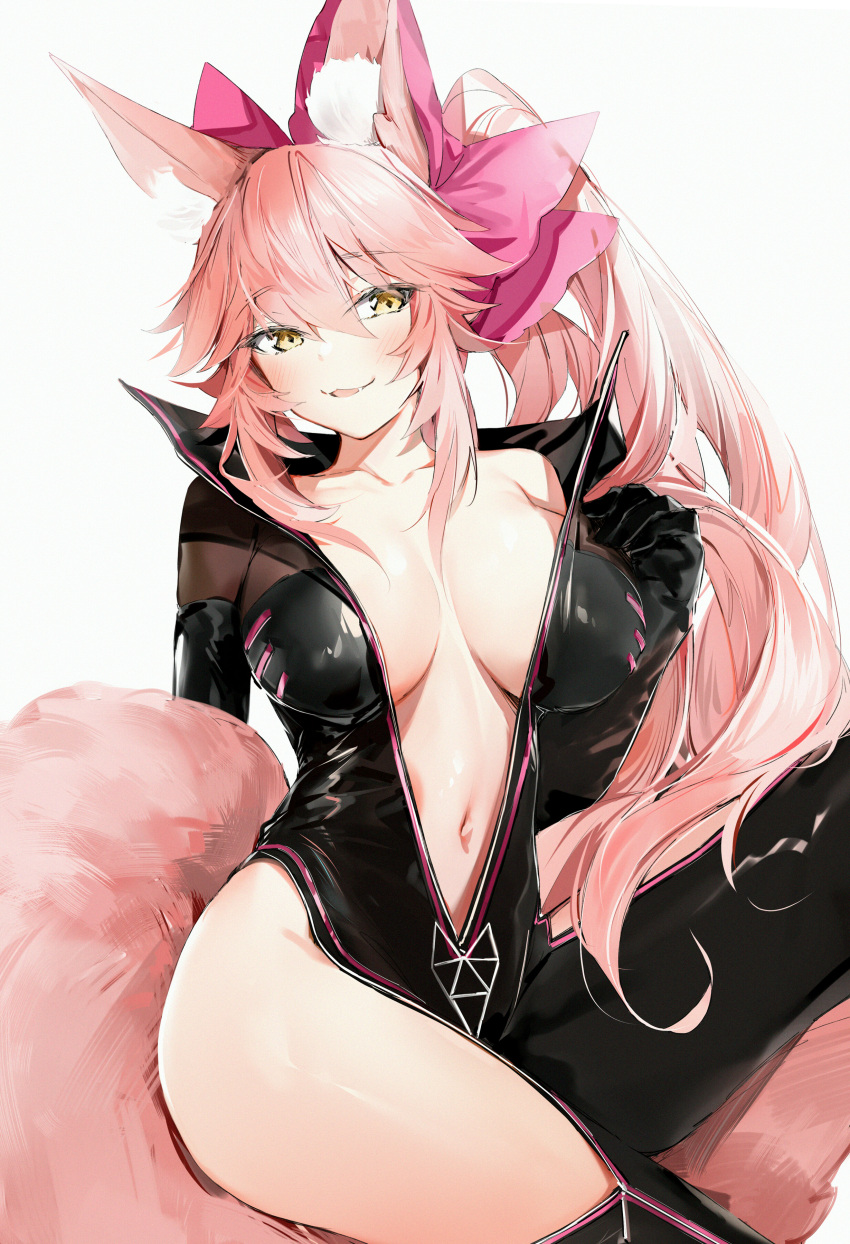 1girl :3 absurdres animal_ear_fluff animal_ears bangs black_bodysuit black_gloves blush bodysuit bow breasts breasts_apart collarbone commentary elbow_gloves eyebrows_visible_through_hair fang fate/grand_order fate_(series) fox_ears fox_girl fox_tail gloves hair_bow highres huge_filesize large_breasts long_hair looking_at_viewer midriff navel open_bodysuit open_mouth partially_unzipped pink_bow pink_hair sidelocks silver_(chenwen) smile solo tail tamamo_(assassin)_(fate) tamamo_(fate)_(all) tamamo_no_mae_(fate) thighs very_long_hair yellow_eyes