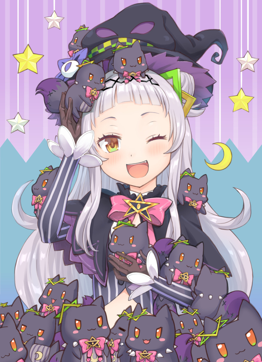 1girl ;d bangs black_capelet black_headwear blunt_bangs bow bowtie brown_gloves capelet cropped_shirt forehead gloves grey_shirt hair_ornament hairband haniwa_(leaf_garden) hat highres hololive layered_capelet long_hair murasaki_shion one_eye_closed open_mouth pink_neckwear purple_capelet shiokko_(murasaki_shion) shirt side_bun sidelocks silver_hair smile solo_focus striped striped_shirt upper_body vertical-striped_shirt vertical_stripes virtual_youtuber witch_hat yellow_eyes