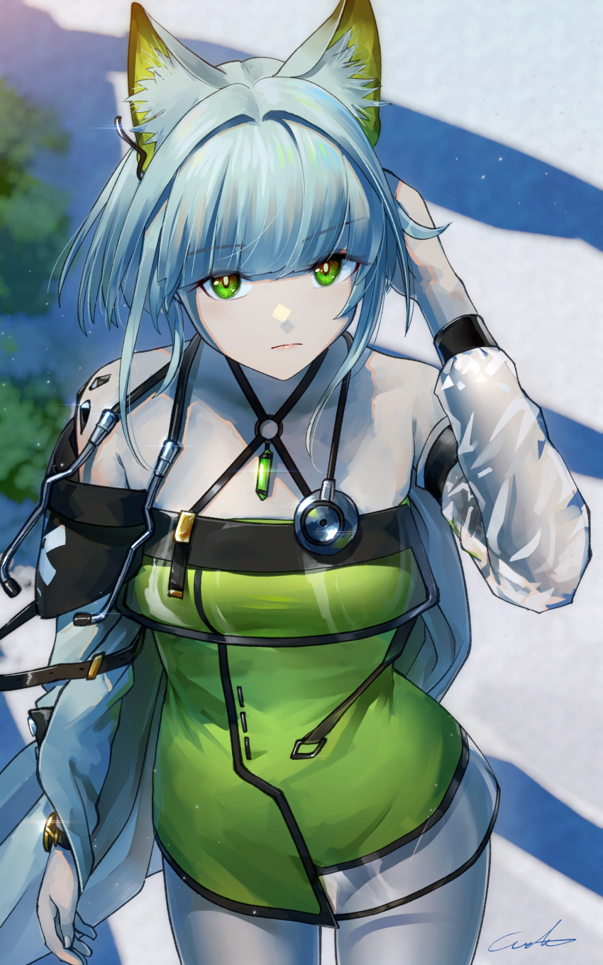 1girl absurdres animal_ear_fluff animal_ears arknights bangs bare_shoulders cat_ears cat_girl closed_mouth dress eyebrows_visible_through_hair green_dress green_eyes hand_on_own_head highres kal'tsit_(arknights) off_shoulder oripathy_lesion_(arknights) short_hair silver_hair solo stethoscope welt_(kinsei_koutenkyoku)