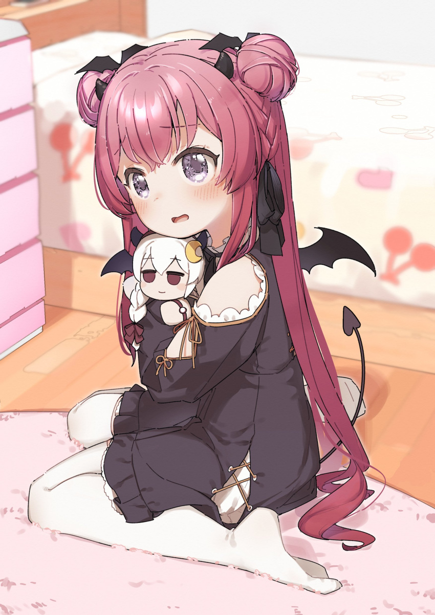 1girl absurdres bed black_dress black_wings blurry blurry_background blush braid character_doll clothing_cutout commentary_request demon_girl demon_horns demon_tail demon_wings depth_of_field double_bun dress from_side grey_eyes head_wings highres horns indoors long_sleeves looking_at_viewer looking_to_the_side mini_wings no_shoes object_hug on_floor open_mouth original pantyhose redhead rug shoulder_cutout sitting soles solo tail wariza wavy_mouth white_legwear wings wooden_floor yukie_(kusaka_shi)