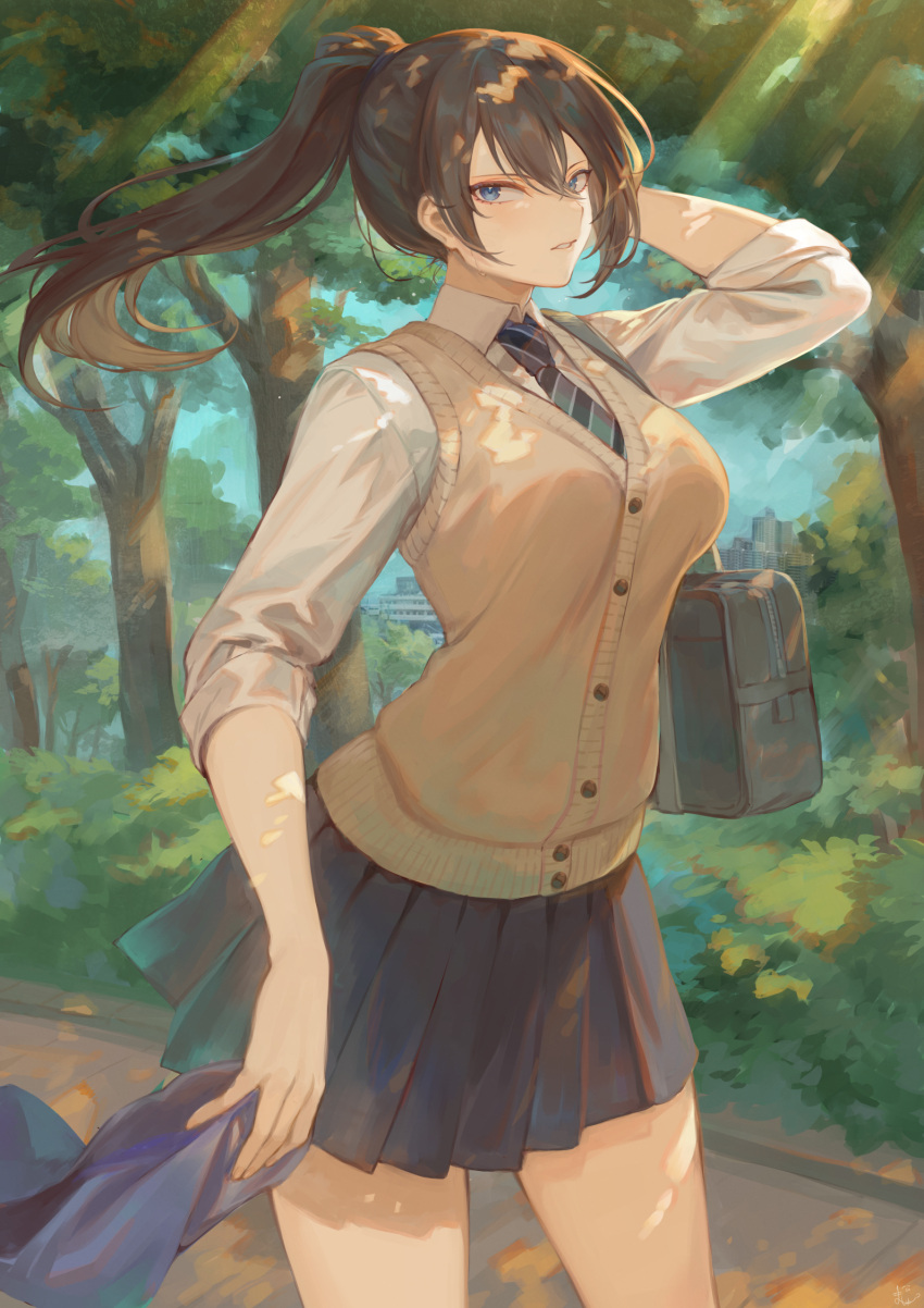 1girl bag bangs blue_eyes breasts brown_hair cardigan_vest commentary_request cowboy_shot floating_hair highres holding holding_clothes holding_jacket jacket large_breasts long_hair mashuu_(neko_no_oyashiro) necktie original outdoors parted_lips pleated_skirt ponytail school_bag school_uniform skirt solo