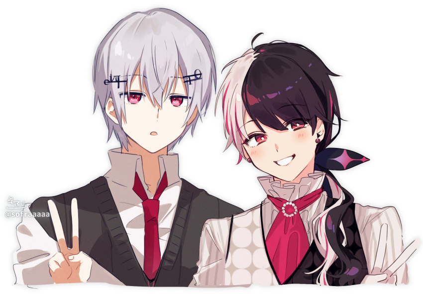 2boys bangs black_cardigan black_hair black_vest blush cardigan collared_shirt cropped_torso earrings eyebrows_visible_through_hair genderswap genderswap_(ftm) grey_hair grey_vest grin hair_between_eyes hair_ornament hair_over_shoulder hairclip hakase_fuyuki hand_up head_tilt highres jewelry long_hair low_ponytail male_focus multicolored_hair multiple_boys necktie nijisanji parted_lips ponytail red_eyes red_neckwear shirt signature simple_background smile sofra twitter_username two-tone_hair upper_body v vest virtual_youtuber white_background white_shirt yorumi_rena