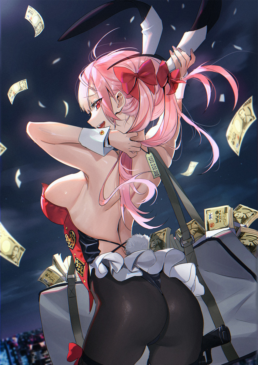 1girl animal_ears armpits arms_up ass backless_outfit bag black_hairband black_legwear bow breasts commentary_request cowboy_shot fake_animal_ears fake_tail from_behind hair_bow hairband highres large_breasts long_hair looking_at_viewer looking_back mhk_(mechamania) money night night_sky original outdoors pantyhose pink_hair price_tag rabbit_ears rabbit_tail red_bow red_eyes revealing_clothes sideboob sky solo tail twintails wrist_cuffs