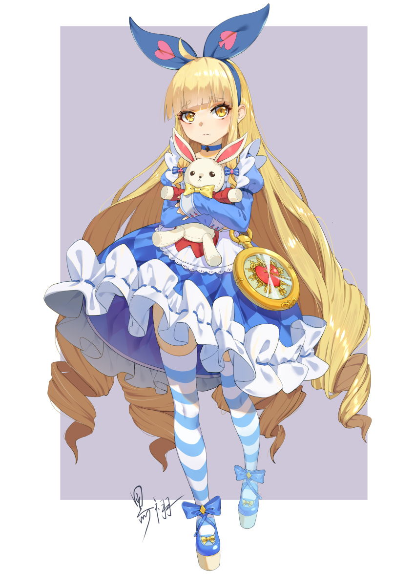 1girl absurdres ahoge alice_(alice_in_wonderland) alice_in_wonderland apron bangs blonde_hair blue_choker blue_dress blue_footwear blue_hairband blue_legwear blunt_bangs bow choker closed_mouth commentary_request doll_hug dress drill_hair eyebrows_visible_through_hair full_body hairband heiyu highres juliet_sleeves long_hair long_sleeves looking_at_viewer platform_footwear puffy_sleeves shoes signature simple_background sleeves_past_wrists solo standing striped striped_legwear stuffed_animal stuffed_bunny stuffed_toy thigh-highs very_long_hair white_apron white_legwear yellow_bow yellow_eyes
