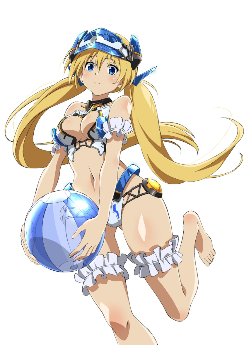 1girl arm_strap ball bare_legs bare_shoulders barefoot beachball bikini blonde_hair blue_eyes breasts cleavage_cutout clothing_cutout commentary_request frame_arms_girl frilled_straps headgear highres hresvelgr_ater kumichou_(ef65-1118-ef81-95) large_breasts long_hair looking_at_viewer low_twintails navel smile solo swimsuit thigh_strap twintails white_background white_bikini