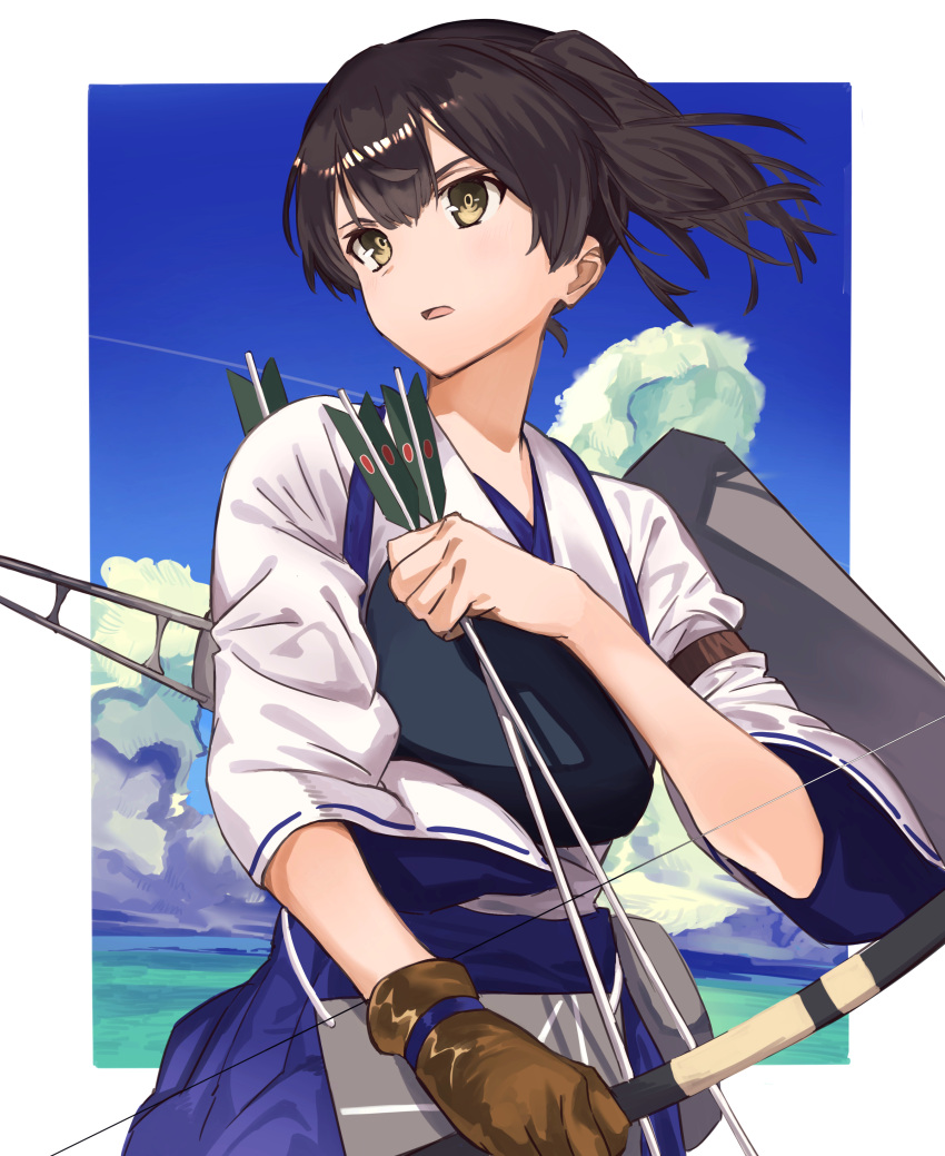 1girl absurdres arrow_(projectile) blue_hakama blue_sky brown_eyes brown_gloves brown_hair clouds commentary_request gloves hakama hakama_skirt highres hira_(hinakomochi) japanese_clothes kaga_(kancolle) kantai_collection long_hair muneate partially_fingerless_gloves quiver side_ponytail single_glove sky solo tasuki yugake yumi_(bow)
