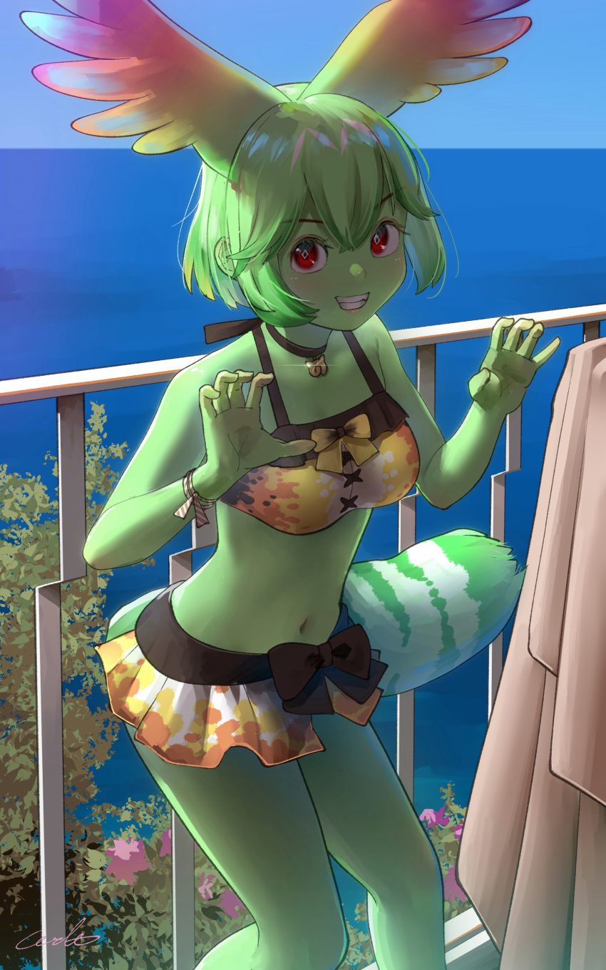 1girl absurdres animal_ears bare_arms bare_legs bare_shoulders bikini bikini_skirt black_neckwear cat_tail cellval choker claw_pose colored_skin commentary_request extra_ears eyebrows_visible_through_hair green_hair green_skin highres japari_symbol kemono_friends kemono_friends_3 looking_at_viewer midriff multicolored multicolored_bikini multicolored_clothes navel official_alternate_costume orange_bikini red_eyes short_hair sleeveless solo swimsuit tail welt_(kinsei_koutenkyoku) white_bikini