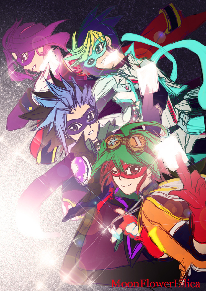 absurdres blue blue_eyes cape card cloak crystal domino_mask gloves goggles goggles_on_head hair highres holding huge_filesize jacket jewelry mask moonflowerlilica necklace necktie pink_eyes red_eyes sakaki_yuuya sash superhero violet_eyes yuugo_(yu-gi-oh!) yuuri_(yu-gi-oh!) yuuto_(yu-gi-oh!)