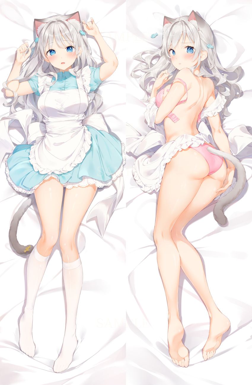 1girl absurdres animal_ears apron arms_up ass bare_shoulders barefoot bed_sheet blue_dress blue_eyes blush bra breasts cat_ears cat_girl cat_tail closed_mouth commentary_request dakimakura_(medium) dress fang fish_hair_ornament frilled_apron frills grey_hair hair_ornament highres kinako_(shiratama_mochi) kneehighs long_hair maid_apron medium_breasts multiple_views no_shoes original panties parted_lips pink_bra pink_panties pleated_dress puffy_short_sleeves puffy_sleeves short_sleeves soles tail two_side_up underwear white_apron white_legwear