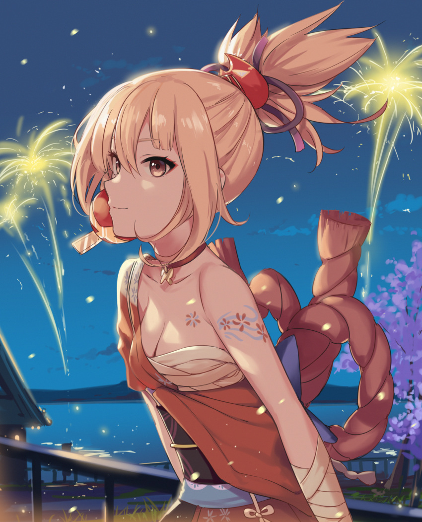 1girl arm_tattoo bandages bare_shoulders blonde_hair breasts chest_tattoo choker fireworks genshin_impact highres japanese_clothes kimono medium_breasts night night_sky orange_kimono samuel-one sarashi short_ponytail sky smile tattoo tied_hair yellow_eyes yoimiya_(genshin_impact)