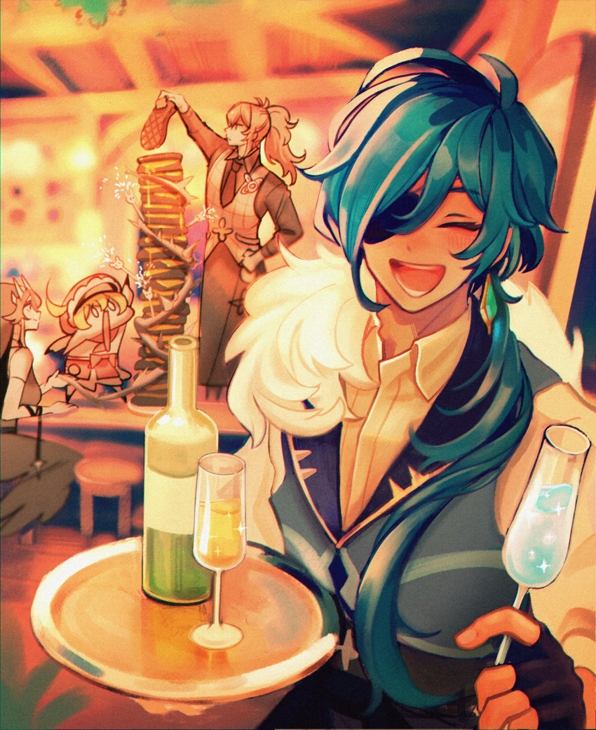 2boys 2girls :d ^_^ ^o^ ahoge alcohol bangs black_hair blonde_hair blurry bottle chef_uniform closed_eyes commentary cup depth_of_field diluc_(genshin_impact) drinking_glass elbow_gloves enpitsu01 eyebrows_visible_through_hair eyepatch food fur_scarf genshin_impact gloves hair_between_eyes hand_on_hip highres kaeya_(genshin_impact) klee_(genshin_impact) long_hair long_sleeves looking_at_viewer low_ponytail low_twintails multiple_boys multiple_girls nun open_mouth pointy_ears ponytail red_eyes redhead rosaria_(genshin_impact) sandwich short_hair sidelocks smile stool symbol_commentary table tavern thorns tray twintails waiter waitress wine wine_bottle wine_glass