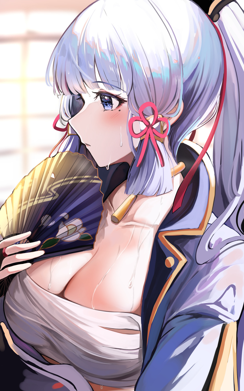 1girl absurdres bangs blue_eyes blurry blurry_background breasts collarbone commentary_request eyebrows_visible_through_hair eyelashes folding_fan genshin_impact hair_ornament hair_ribbon hand_fan hand_up highres holding holding_fan huge_filesize kamisato_ayaka large_breasts light_blue_hair long_hair looking_to_the_side mole mole_under_eye parted_lips ponytail profile red_ribbon ribbon sak_(lemondisk) sarashi solo sweat upper_body