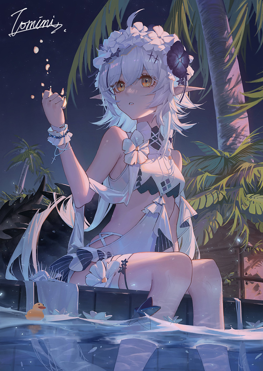1girl absurdres ahoge areaaaron arknights bangs bare_shoulders black_flower breasts casual_one-piece_swimsuit character_name crocodilian_tail eyebrows_visible_through_hair flower hair_flower hair_ornament highres long_hair looking_away looking_to_the_side night night_sky official_alternate_costume one-piece_swimsuit orange_eyes outdoors palm_tree parted_lips pointy_ears rubber_duck silver_hair sky small_breasts soaking_feet solo swimsuit tail tomimi_(arknights) tomimi_(silent_night)_(arknights) tree very_long_hair water white_flower white_swimsuit wrist_cuffs