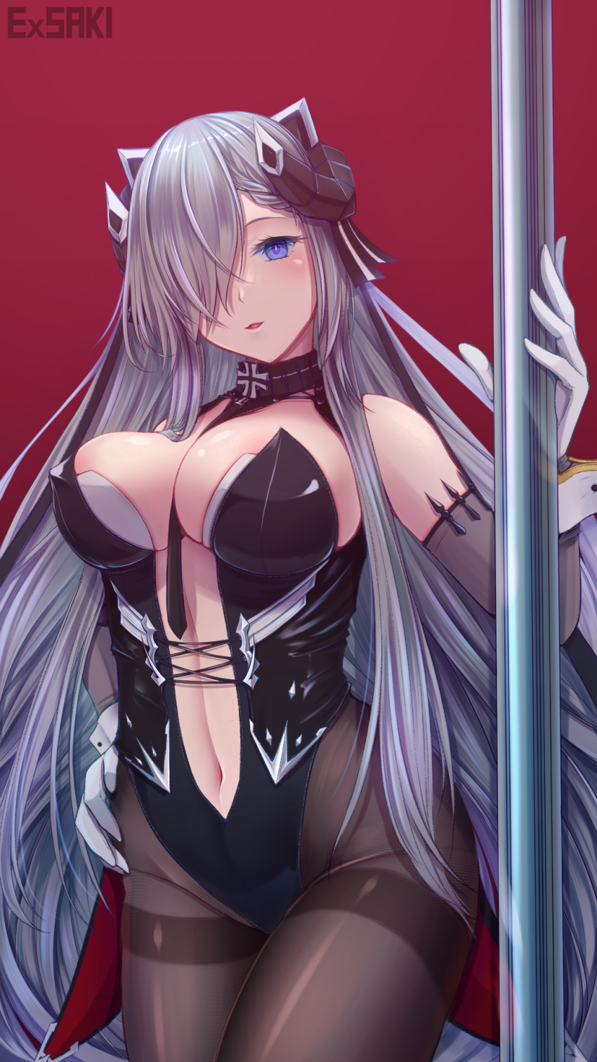 1girl artist_name august_von_parseval_(azur_lane) azur_lane blue_eyes blush braid breasts choker clothing_cutout ex_saki gloves hair_ornament hair_over_one_eye hand_on_hip highres holding holding_pole horns large_breasts leotard long_hair looking_at_viewer navel navel_cutout necktie pantyhose parted_lips playboy_bunny pole red_background signature silver_hair solo white_gloves