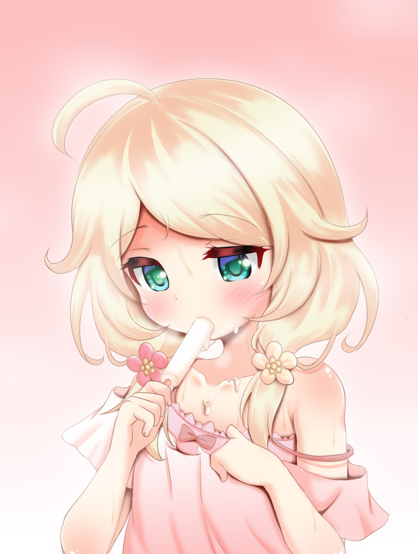 1girl ahoge blonde_hair blush camisole clothes_pull eating food green_eyes highres hosizora_mikoto hot ice_cream idolmaster idolmaster_cinderella_girls long_hair low_twintails off_shoulder pink_background pink_camisole pink_shirt popsicle pulled_by_self shirt shirt_pull simple_background solo strap_slip twintails upper_body yusa_kozue