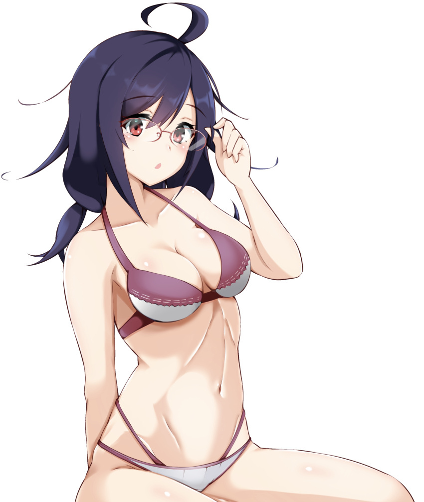 1girl absurdres ahoge bespectacled bikini blue_hair breasts collarbone glasses hair_flaps highres honma_(honmatomohiro) kantai_collection low_twintails medium_breasts navel official_alternate_costume red-framed_eyewear red_eyes remodel_(kantai_collection) ryuuhou_(kancolle) solo swimsuit taigei_(kancolle) twintails