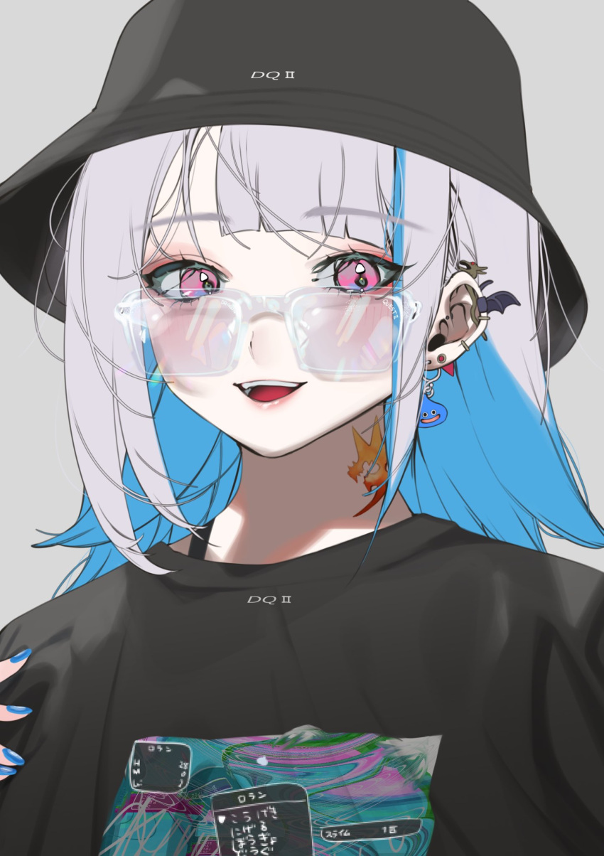 1girl blue_nails bucket_hat dasui191023 ear_piercing hat highres iridescent lize_helesta looking_at_viewer multicolored_hair nijisanji piercing pink_eyes solo two-tone_hair virtual_youtuber