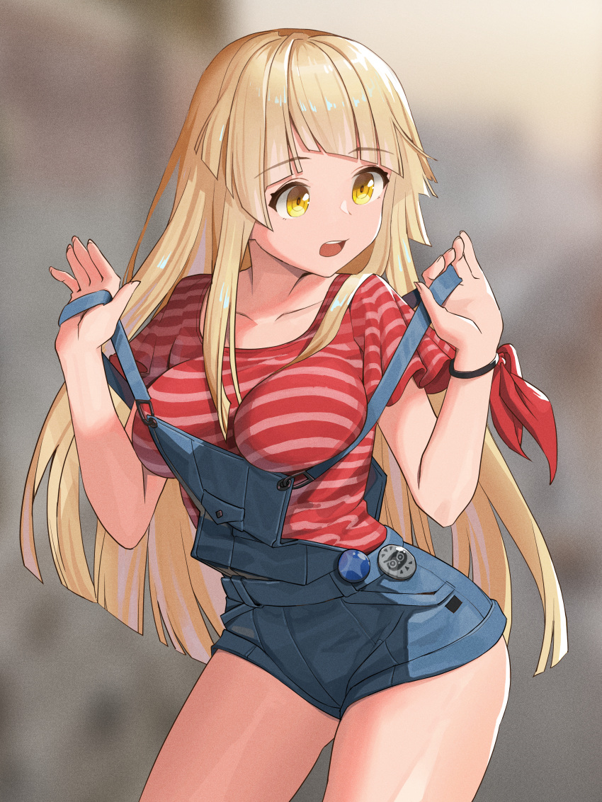1girl 33zuku :o absurdres badge bang_dream! bangs bare_legs blonde_hair blurry blurry_background breasts cowboy_shot denim diagonal_bangs eyebrows_visible_through_hair highres huge_filesize leaning_forward lifted_by_self long_hair looking_to_the_side medium_breasts open_mouth overall_shorts overalls pulled_by_self red_shirt shirt short_sleeves sidelocks solo standing strap_lift strap_pull striped striped_shirt t-shirt thighs tsurumaki_kokoro upper_teeth very_long_hair wristband yellow_eyes