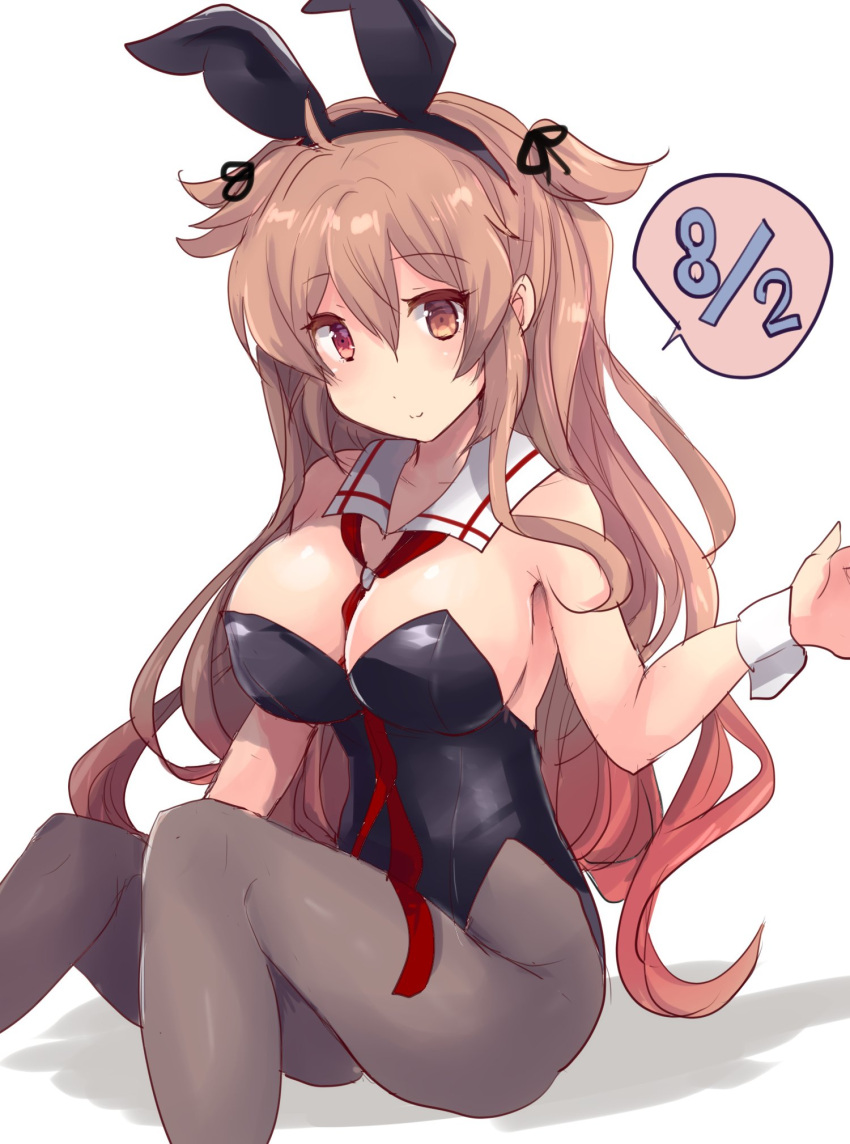 1girl animal_ears between_breasts black_leotard blush breasts bunny_day collarbone dated detached_collar eyebrows_visible_through_hair fake_animal_ears ground hair_flaps heterochromia highres hirune_(konekonelkk) kantai_collection large_breasts leotard light_brown_hair long_hair looking_at_viewer murasame_(kancolle) necktie pantyhose playboy_bunny red_neckwear remodel_(kantai_collection) shadow simple_background sitting smile solo two_side_up white_background wrist_cuffs