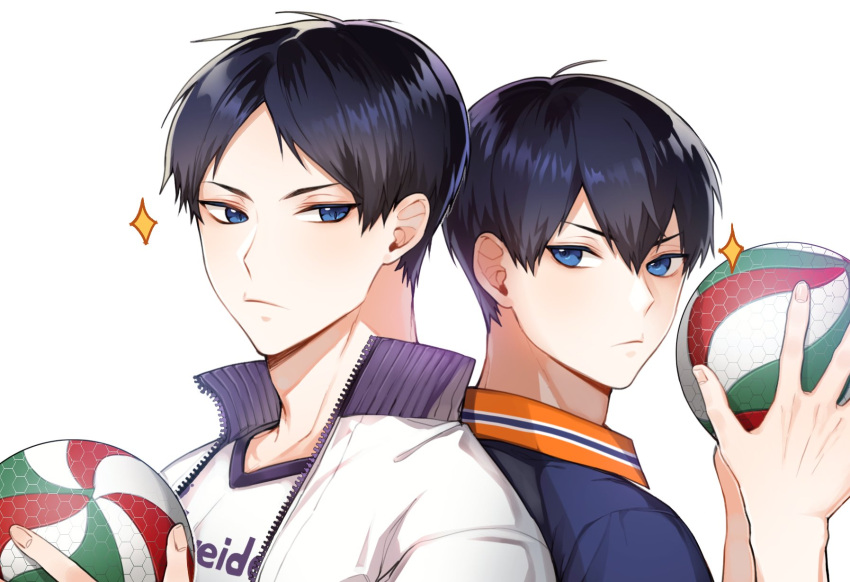 2boys back-to-back ball bangs bari_dal black_hair blue_eyes closed_mouth dual_persona eyebrows haikyuu!! highres holding holding_ball jacket kageyama_tobio looking_at_another male_focus multiple_boys older open_clothes open_jacket short_hair sparkle sportswear time_paradox track_jacket volleyball volleyball_uniform white_background