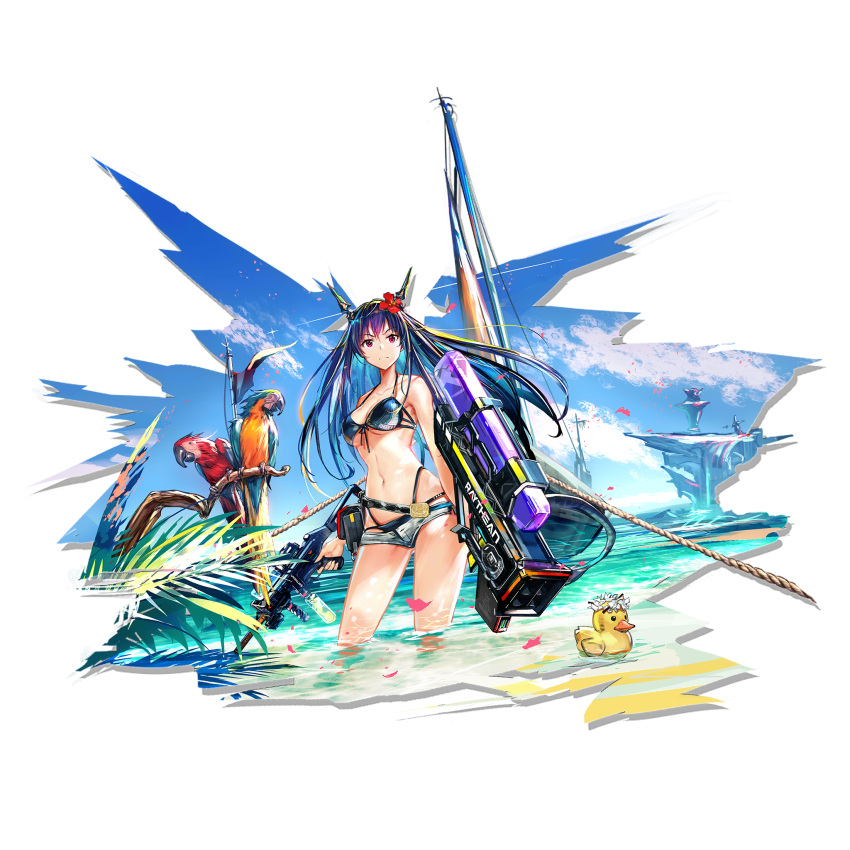 1girl arknights bangs bare_arms bare_shoulders bikini bird black_bikini blue_hair blue_sky breasts ch'en_(arknights) ch'en_the_holungday_(arknights) clouds cowboy_shot day dragon_horns elite_ii_(arknights) flower grey_shorts gun hair_flower hair_ornament halterneck highleg highleg_bikini highres holding holding_gun holding_weapon horns long_hair looking_at_viewer medium_breasts micro_shorts navel official_art outdoors parrot pink_eyes red_flower rubber_duck shorts sky solo standing stomach swimsuit thighs transparent_background wading water weapon yui_(niikyouzou)