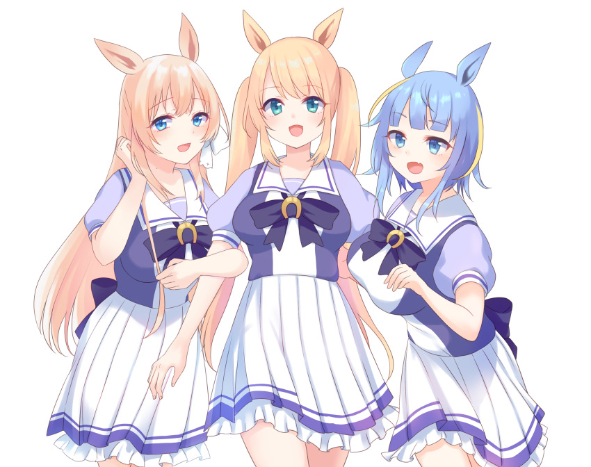3girls :d animal_ears bangs black_bow blonde_hair blue_eyes blue_hair bow breasts character_request collarbone commentary_request commission eyebrows_visible_through_hair frilled_skirt frills girl_sandwich green_eyes gucchiann hand_up highres horse_ears light_brown_hair locked_arms long_hair medium_breasts mole mole_on_neck multicolored_hair multiple_girls open_mouth pleated_skirt puffy_short_sleeves puffy_sleeves purple_shirt sandwiched school_uniform shirt short_sleeves skirt smile streaked_hair tracen_school_uniform twintails uma_pyoi_densetsu umamusume very_long_hair virtual_youtuber white_skirt
