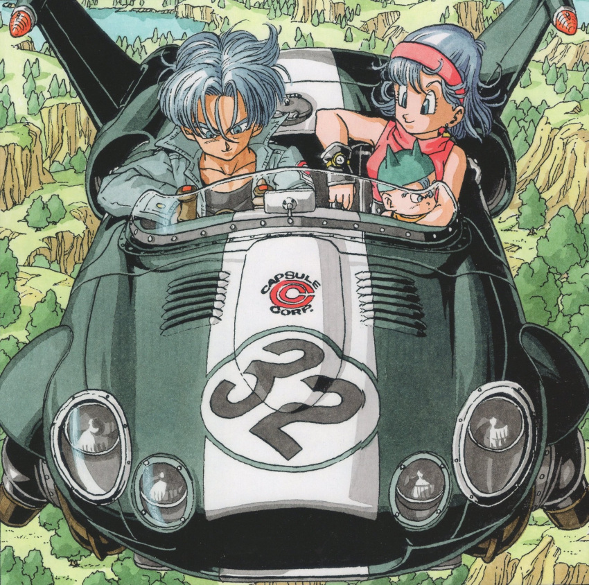 1girl 2boys aircraft baby bare_arms black_shirt blue_eyes blue_hair bulma capsule_corp denim denim_jacket dragon_ball dragon_ball_z driving dual_persona earrings elbow_rest forest from_above grass green_headwear hair_between_eyes hairband hat highres hill jacket jewelry lake medium_hair messy_hair mother_and_son mountain multiple_boys nature pectorals red_hairband serious shirt sleeveless smile toriyama_akira tree trunks_(dragon_ball) trunks_(future)_(dragon_ball) ventilation_shaft watch watch water