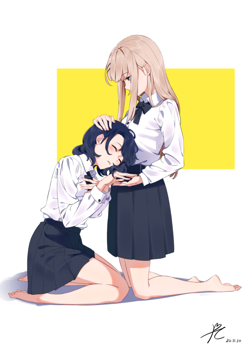 2girls absurdres adachi_sakura adachi_to_shimamura bare_legs barefoot black_hair black_neckwear black_skirt bow bowtie closed_eyes collared_shirt commentary_request dated eyebrows_visible_through_hair hair_ornament hairclip hand_on_another's_head hand_on_own_chest head_on_another's_stomach highres kneeling light_brown_hair long_hair long_sleeves looking_at_another medium_hair multiple_girls parted_lips pleated_skirt ppchen school_uniform shadow shimamura_hougetsu shirt shirt_tucked_in signature skirt two-tone_background violet_eyes white_background white_shirt yellow_background yuri