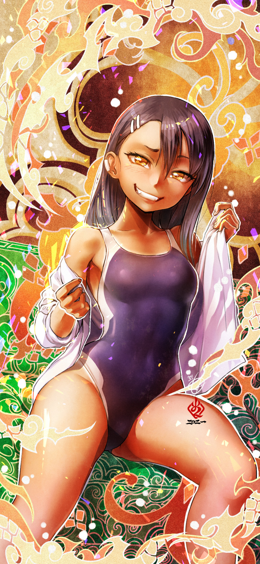 absurdres amaguchi_chiyoko bangs black_hair brown_eyes commentary competition_swimsuit dark-skinned_female dark_skin ear_clip grin hair_between_eyes hair_ornament hairclip highres ijiranaide_nagatoro-san long_hair looking_at_viewer nagatoro_hayase naughty_face no_pants one-piece_swimsuit open_clothes open_shirt raised_eyebrow smile spread_legs swimsuit swimsuit_under_clothes tan undressing