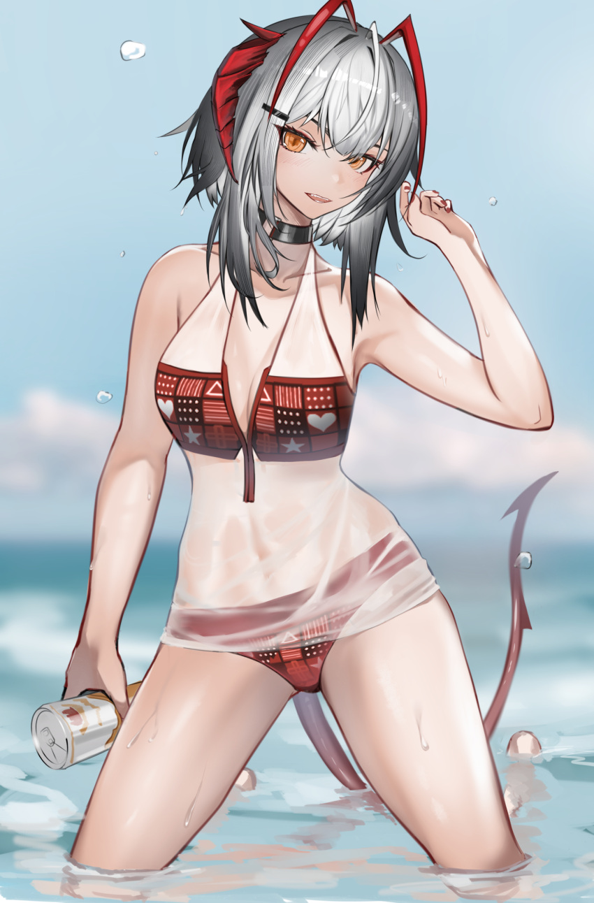 1girl ahoge alternate_costume arknights ascter bikini black_collar breasts can chinese_commentary collar collarbone commentary_request cowboy_shot demon_horns demon_tail grey_hair hair_ornament hairclip hand_up highres holding holding_can horns looking_at_viewer medium_breasts medium_hair open_mouth orange_eyes outdoors red_bikini red_nails see-through_shirt sky solo swimsuit tail w_(arknights) wading water wet
