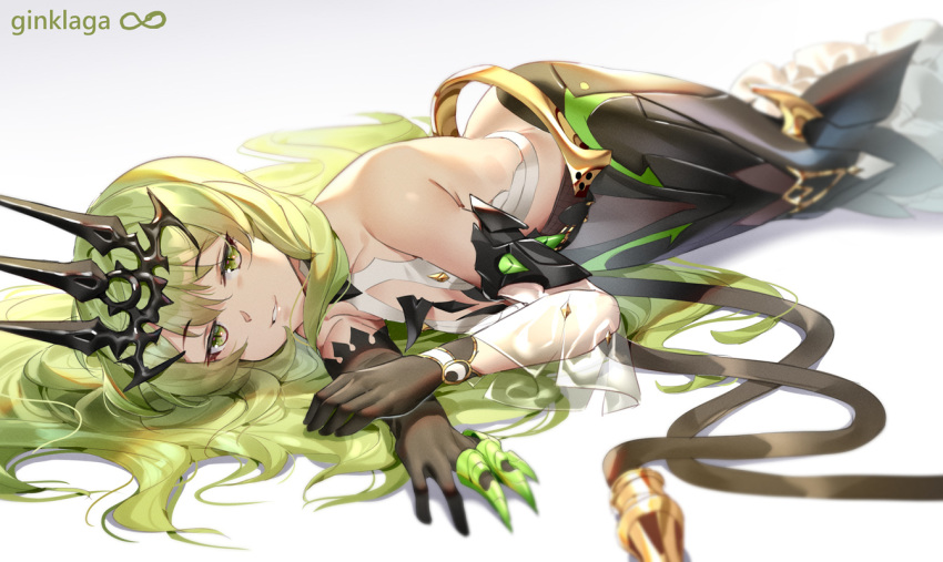 1girl armor armored_dress backless_outfit bare_shoulders black_dress black_gloves blonde_hair character_request commentary_request crown curly_hair dress full_body ginklaga gloves green_eyes green_hair grin hair_between_eyes hands_up honkai_(series) honkai_impact_3rd long_hair looking_at_viewer lying on_side see-through signature simple_background slit_pupils smile solo very_long_hair wide_sleeves yellow_eyes